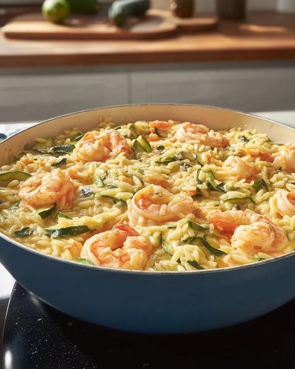 Plat d'Orzo courgette et crevettes savoureux et coloré