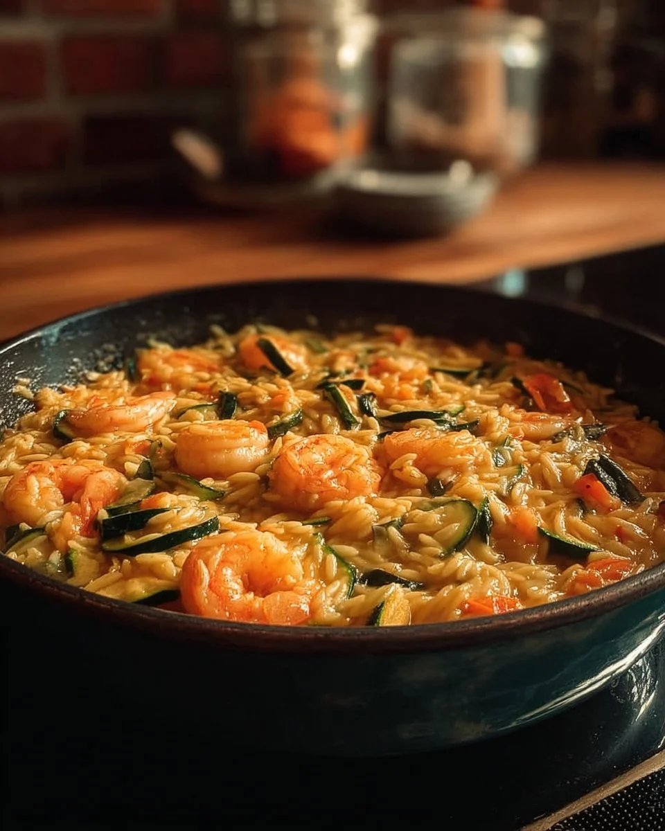 Un pot Orzo courgette et crevettes